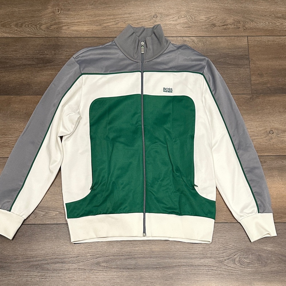 Hugo Boss White, Green, and Gray Track Jacket